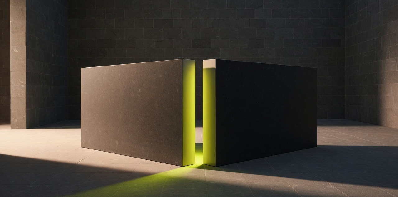 Two dark stone blocks with a narrow channel of light between them