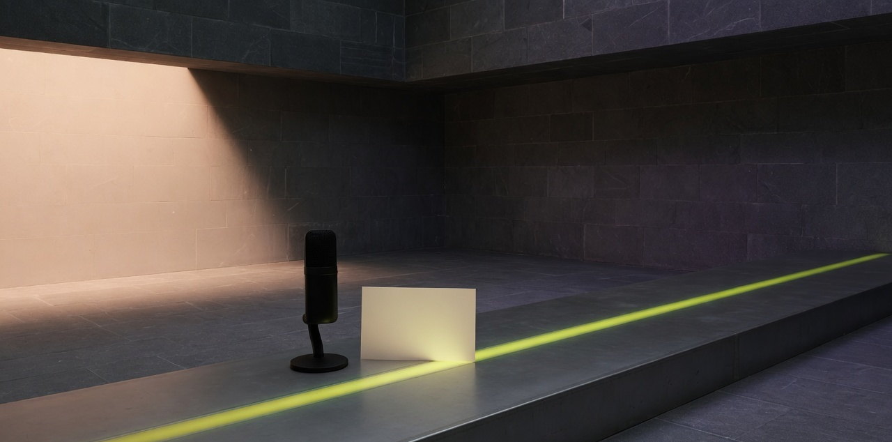 A small microphone and a blank card on dark stone